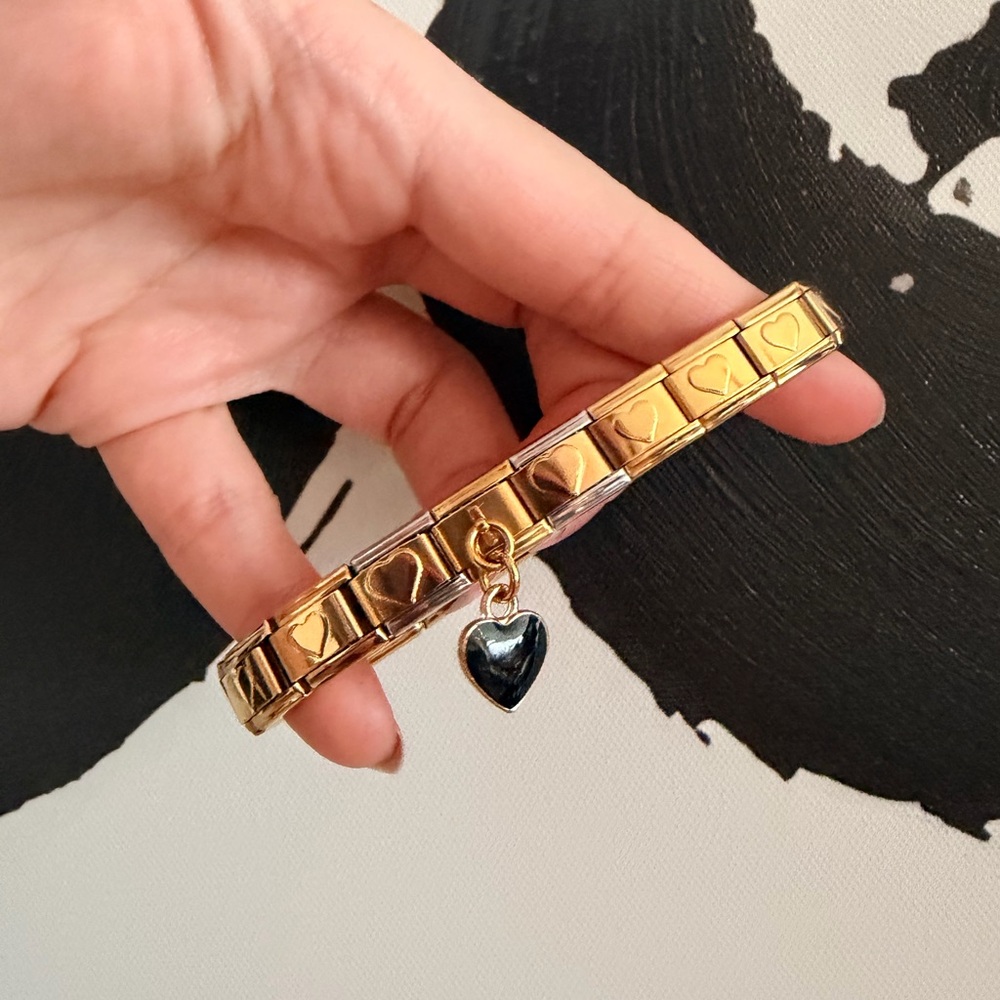 Gold Heart Italian Charm Bracelet with Black Heart Dangle – Romantic Statement